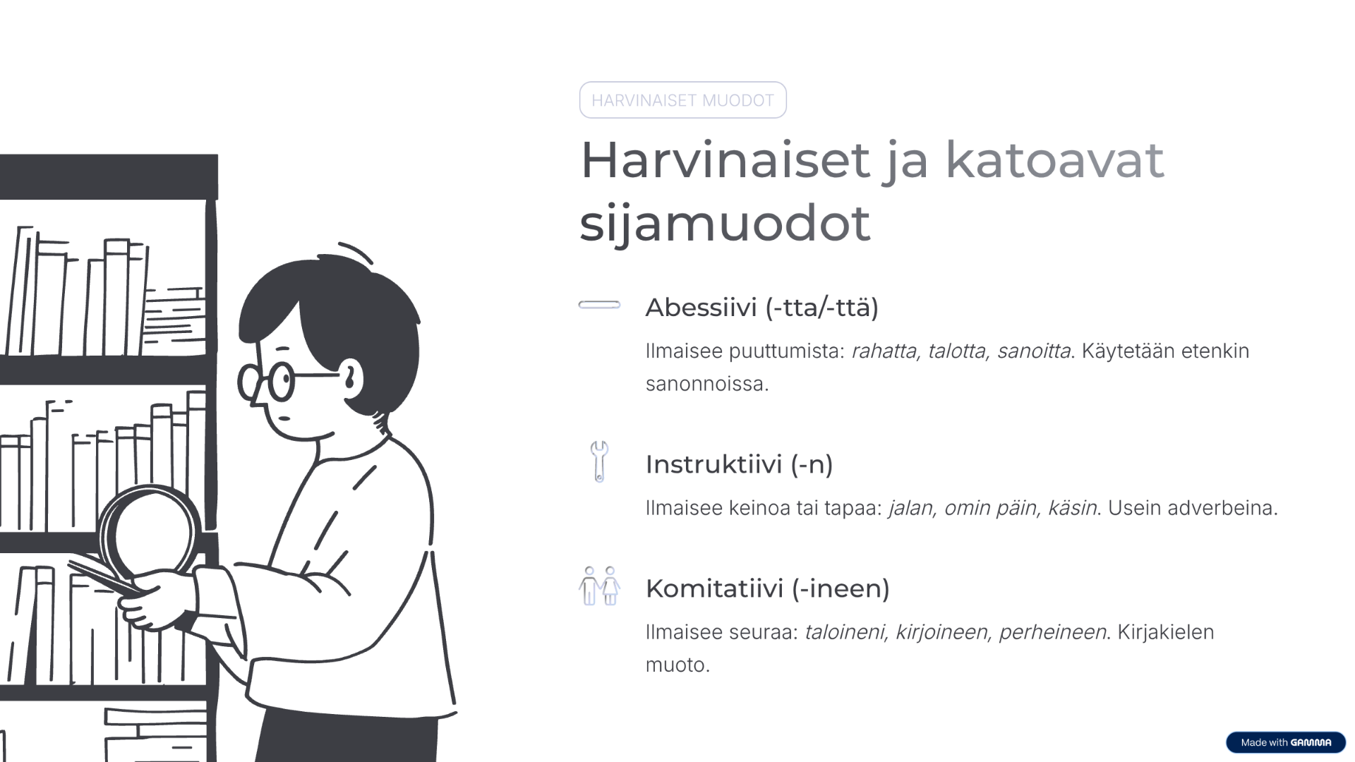 Mustavalkoinen piirroskuvitus, jossa nainen katsoo suurennuslasilla kirjoja, taustalla kaavio ja teksti.