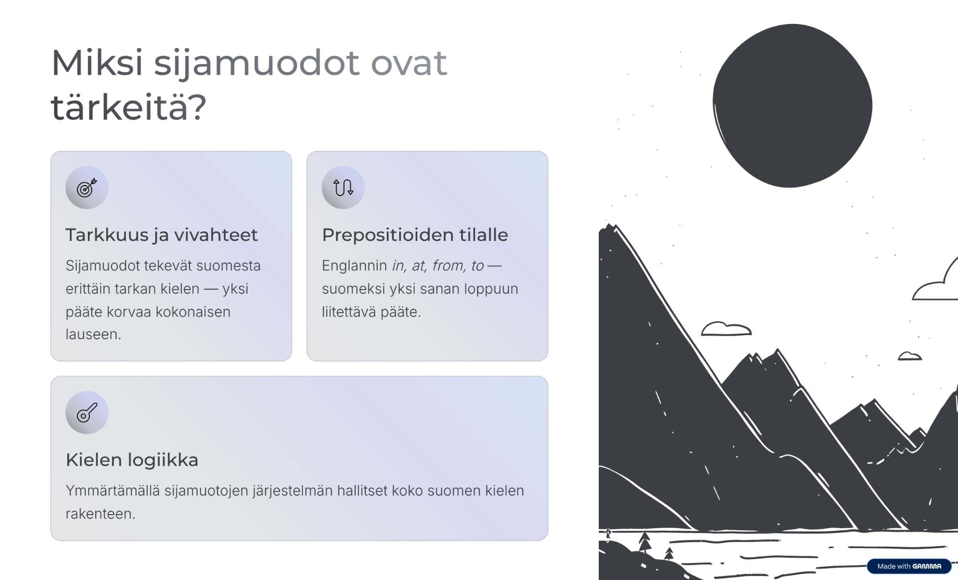 Opetussivun asettelu: tekstikortit sijamuodoista ja tumma piirros vuorista, pilvistä ja sateesta.